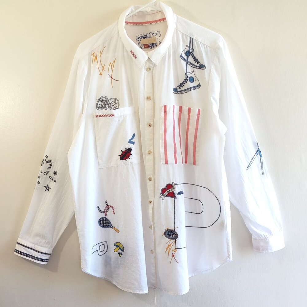 Anthropologie Pilcro Embroidered White Classic Shirt Retro Art Whimsy Size XL - Picture 4 of 16
